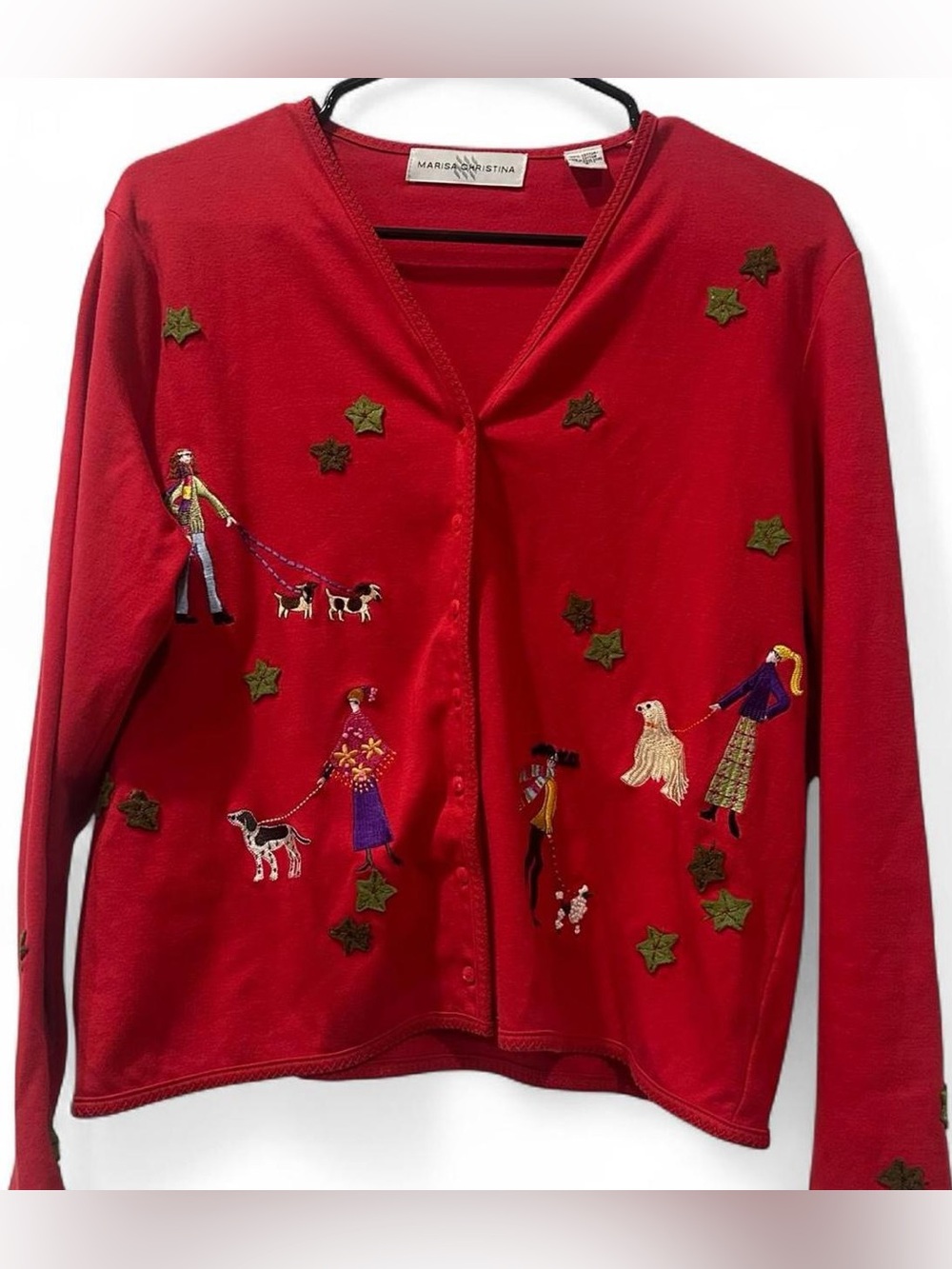 Vintage Marisa Christina Whimsical Embroidered Dog Walk Cardigan Red Small